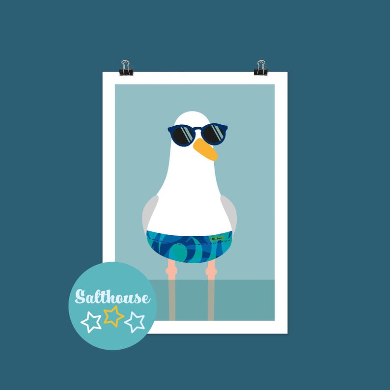 May include: A cartoon seagull wearing sunglasses and blue patterned swim shorts, set against a light blue backdrop. The image is framed in white and secured with black clips. The artwork features the text "Salthouse" in a circular logo with star icons.