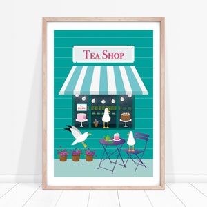 Impresión de la tienda de té, impresión del arte de la gaviota, cartel de la gaviota, arte de la pared de la playa de los niños, cartel de la playa, playa británica, tienda de la playa, impresión cómica