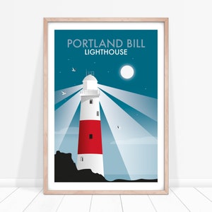 Portland Bill Lighthouse Print, Dorset Travel Art, Isle of Portland, Dorset Coast Illustration, Red White and Blue Seaside Print