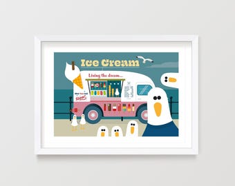 Sorbet Seagulls Print: Quirky Seaside Ice Cream Van Decor, Coastal Wall Art