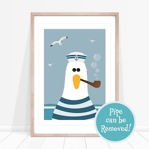 May include: A blue and white striped seagull wearing a sailor hat and smoking a pipe. The seagull is against a light blue background with white seagulls flying in the sky. The text "Pipe can be Removed!" is on a teal circle.