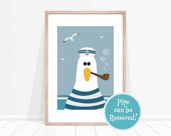 Sailor Seagull Print, Nautical Nursery Prints, Seaside Decor for Bathroom, Coastal Bird Art, Seaside Picture, Coastal Wall Art, Ocean Bird