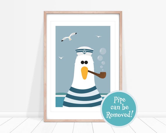 Sailor Seagull Print, Nautical Nursery Prints, Seaside Decor for Bathroom, Coastal Bird Art, Seaside Picture, Coastal Wall Art, Ocean Bird