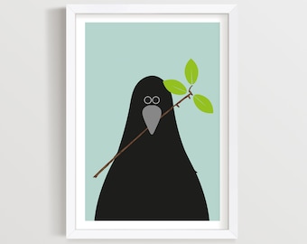 Carrion Crow Art Print: Funny Bird Nursery Decor, Turquoise and Black Wall Art.