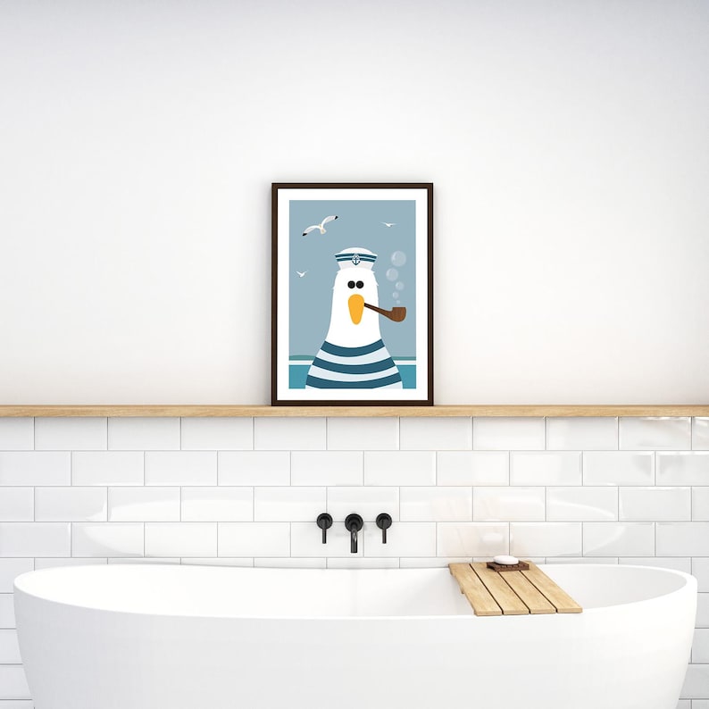 May include: A framed illustration of a cartoon seagull wearing a sailor hat and smoking a pipe. The seagull is blue and white striped and has a yellow beak. The background is blue with white seagulls flying in the sky.