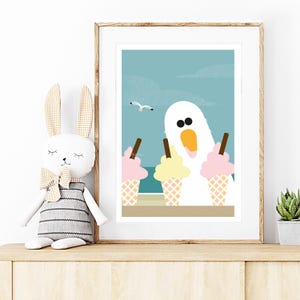 Puede incluir: Un p&aacute;jaro blanco de dibujos animados con un pico amarillo y ojos grandes est&aacute; de pie frente a tres conos de helado. Los conos de helado son rosados, amarillos y rosados. El fondo es un cielo azul con nubes blancas.