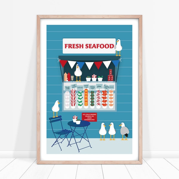 Seafood Print, Seagull Print, Food Art, Animal Posters, Seaside Art, Children's Prints, Seaside Poster, Beach Hut, Blue Art