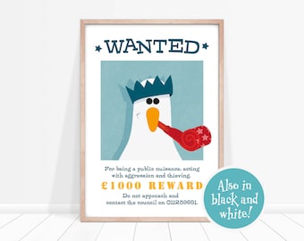 Wanted Poster, Seagull Prints, Seaside Print for Cafe, Fun Seagull Print for Seaside Guesthouse or Hotel, Seaside Wall Art for B&B,