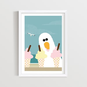 Puede incluir: Un p&aacute;jaro blanco con un pico amarillo y grandes ojos negros mira al espectador. El p&aacute;jaro est&aacute; de pie frente a tres conos de helado con helado rosa, amarillo y rosa. Los conos de helado est&aacute;n en una escena de playa con un cielo azul y una gaviota volando por encima.