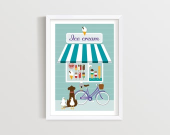 Seagull Ice Cream Shop Giclée Print: Beach Bicycle Art, Coastal Green Print, Lollies Poster