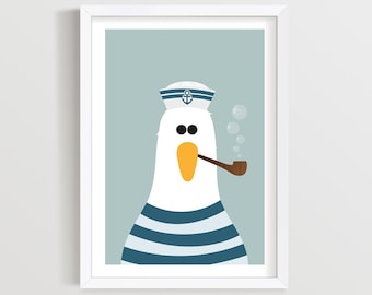Sailor Seagull Print: Pale Green Coastal Wall Decor, Nautical Wall Art