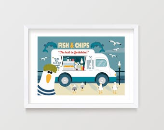 Salt and Vinegar Seagulls Print: Quirky Seaside Fish and Chip Van Art, Coastal Decor