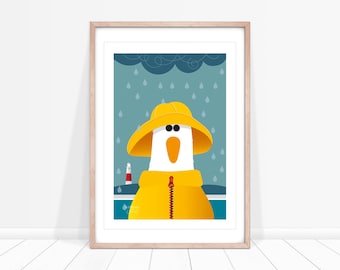 Fisherman Seagull Print, Nautical Nursery Prints, Seaside Print for Bathroom, Coastal Bird Art, Seaside Picture, Coastal Wall Art,