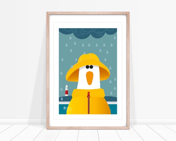 Fisherman Seagull Print, Nautical Nursery Prints, Seaside Print for Bathroom, Coastal Bird Art, Seaside Picture, Coastal Wall Art,
