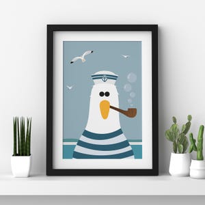 May include: A cartoon illustration of a white seagull wearing a blue and white striped sailor hat with an anchor on it. The seagull is smoking a pipe and blowing bubbles. The background is a light blue colour with white seagulls flying in the sky.