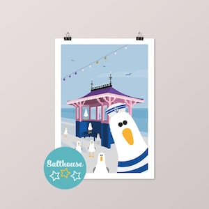May include: A colorful illustration of a seagull wearing a sailor hat and standing in front of a pink and blue beach hut with a string of lights above. The seagull is looking at the camera and has a friendly expression. The text "Salthouse" is in the lower left corner of the image.