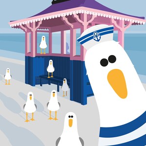 May include: A cartoon seagull wearing a blue and white sailor hat with an anchor on it. The seagull is standing in front of a pink and blue beach hut with other seagulls around it.