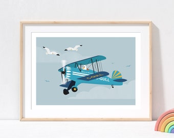 Blue Biplane Print: Flying Seagull, Nursery Wall Art, Vintage Plane Decor
