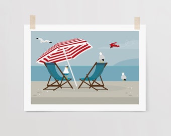 Seaside Art Print: Scarborough Beach, Seagulls & Red Aeroplane (A3 Print)