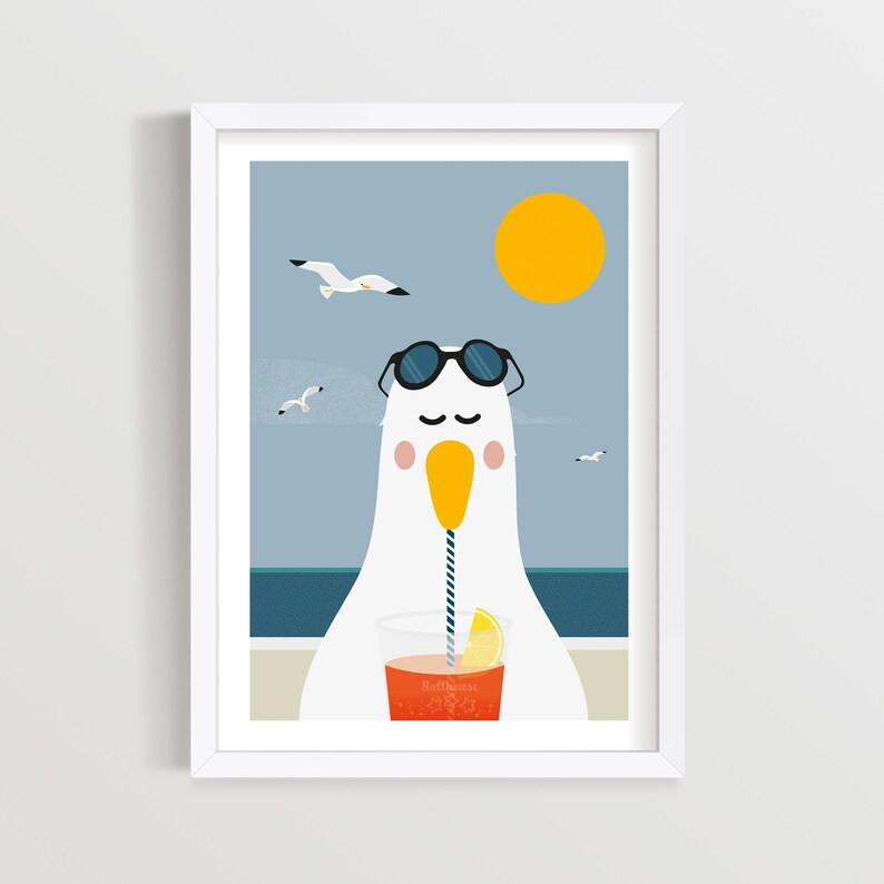 Sizzling Seagull Print, Seaside Prints, Seagull Wall Art, Seaside Decor, Seaside Art for Bathroom, Kids Seaside Bedroom image 6