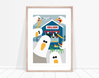 Impresión de gaviotas peleándose, impresión de pescado con patatas fritas, arte costero para habitación infantil, decoración de gaviotas para baño, arte mural costero en rojo, blanco y azul.