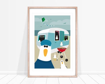 Grilling Gull Print, Seagull Print, Nautical Nursery Prints, Seaside Decor for Bathroom, Coastal Bird Art, Coastal Wall Art, Caravan Print