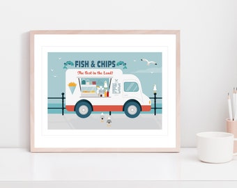 Fish and Chip Van Poster, Chippy Tea, Kitchen Poster, Fast Food Art, Dining Room Wall Art, Horizontal Poster A3 A4 A5, Hallway Poster,