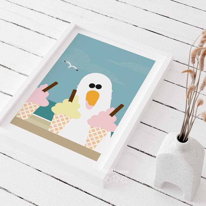 Puede incluir: Un p&aacute;jaro blanco con un pico amarillo y grandes ojos negros est&aacute; rodeado de tres conos de helado. Los conos de helado son rosados, amarillos y blancos con chispas de chocolate. El fondo es un cielo azul claro con nubes blancas.