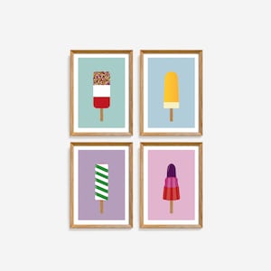 Set of Four Ice Cream Prints, Colourful Gallery Wall Set of 4 Prints for Kids, 4 poster print set for kids bedroom, Ice Cream Art, A4 lolly