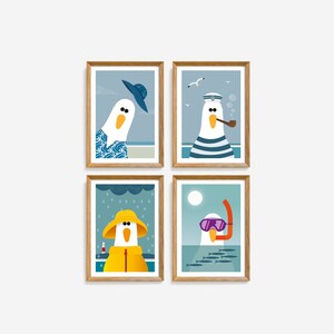 May include: Set of four framed illustrations featuring a cartoon seagull in different outfits and settings. The seagull is wearing a hat, a sailor's uniform, a raincoat, and a snorkel and goggles. The illustrations are in a minimalist style with a blue and white colour scheme.