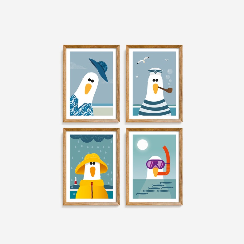 May include: Set of four framed illustrations featuring a cartoon seagull in different outfits and settings. The seagull is wearing a hat, a sailor's uniform, a raincoat, and a snorkel and goggles. The illustrations are in a minimalist style with a blue and white colour scheme.