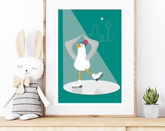 Skating Seagull Art Print: Quirky Winter Decor, Ice Skating Poster.
