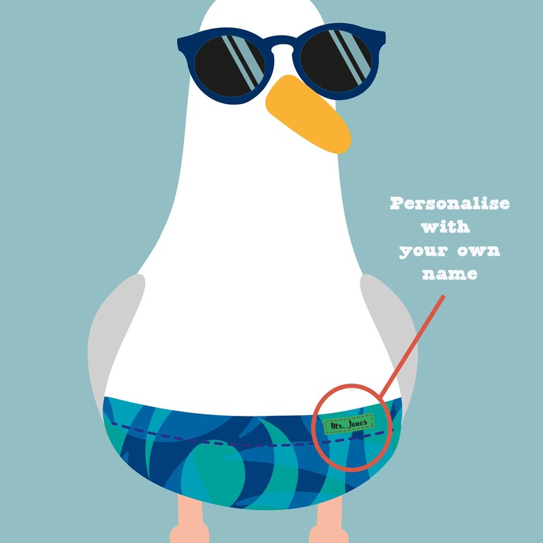 May include: A cartoon seagull wearing sunglasses and swim shorts with a blue and green abstract design. The seagull has an orange beak and grey wings. The text "Personalise with your own name" is also visible.