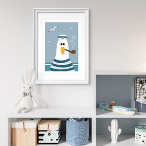 May include: A white seagull wearing a blue and white striped sailor hat and holding a pipe. The seagull is against a light blue background with white seagulls flying in the sky.