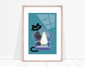 Jailbird Seagull Art Print: Mid Century Cat and Bird Wall Art, Retro Birdcage, Teal Kitchen Decor