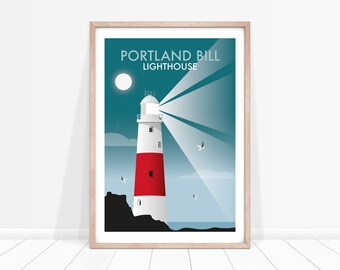 Portland Bill Lighthouse Poster, Dorset Lighthouse, Dorset Coast Skyline, Dorset Coast Art, Lighthouse at Night, Lighthouse Beams