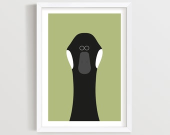 Funny Canada Goose Art Print: Olive Green Nursery Decor, Contemporary Bird Print.