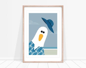 Gusty Gull Art Print: Nautical Nursery Decor, Quirky Seagull Coastal Poster