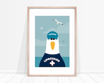 Lifeguard Seagull Art Print, Nautical Nursery Decor, Seaside Wall Art for Bathroom, Seabird Picture