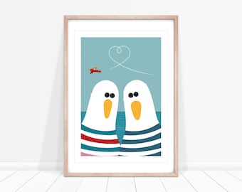 Smitten Seagulls Print, Seaside Art, Nautical Wall Decor for Bathroom, Coastal Bird Picture, Romantic Gift for Partner, Love Birds
