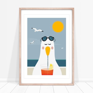 Sizzling Seagull Print, Seaside Prints, Seagull Wall Art, Seaside Decor, Seaside Art for Bathroom, Kids Seaside Bedroom image 1