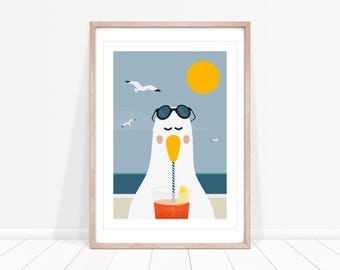Sizzling Seagull Print, Seaside Prints, Seagull Wall Art, Seaside Decor, Seaside Art for Bathroom, Kids Seaside Bedroom
