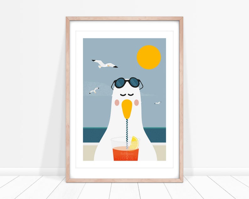 Sizzling Seagull Print, Seaside Prints, Seagull Wall Art, Seaside Decor, Seaside Art for Bathroom, Kids Seaside Bedroom image 1