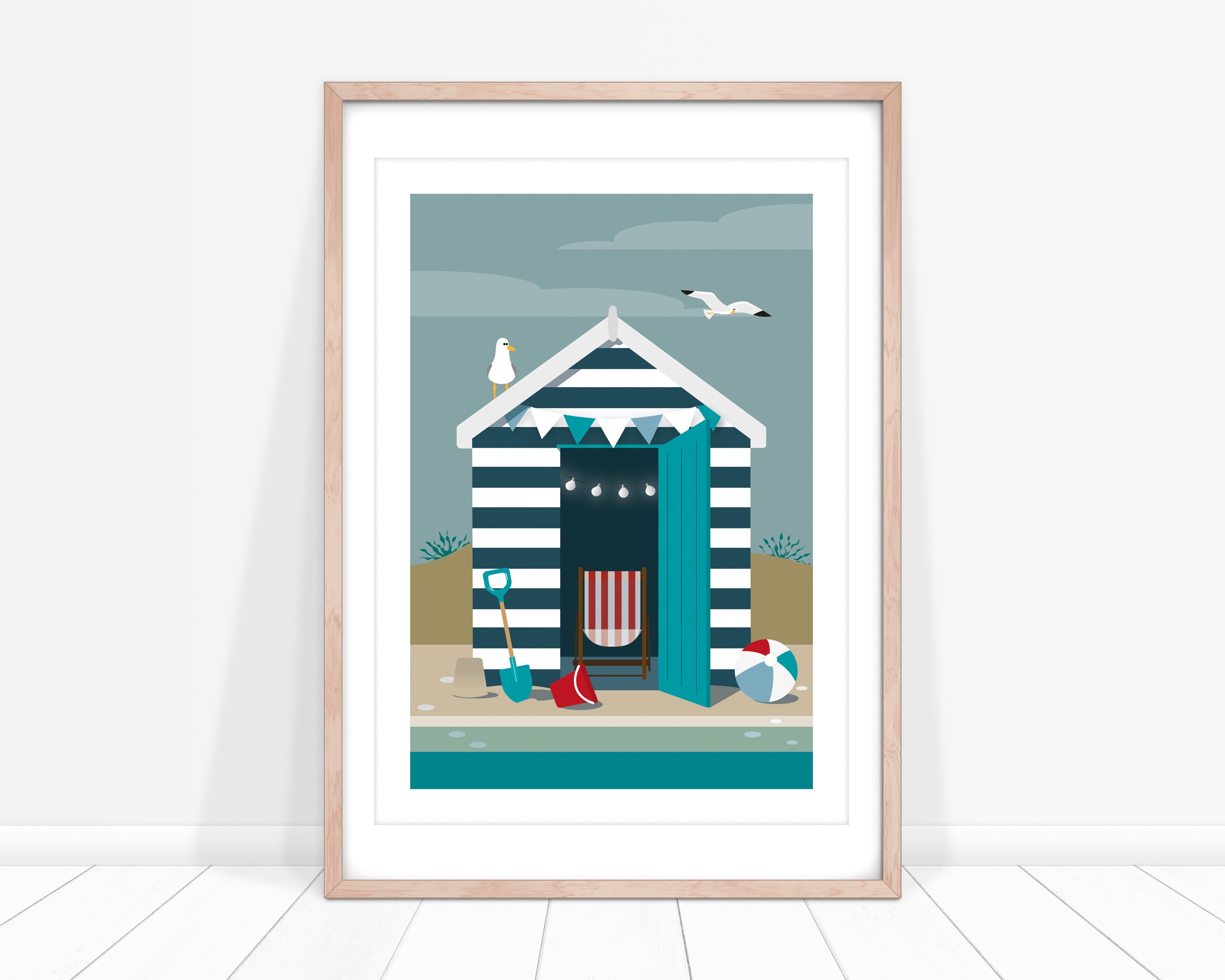 Beach Hut Print, Blue Striped Beach Hut Art Print, Children's Beach Hut Illustration, Beach Hut Door Open, Seaside Wall Decor, A3, A4