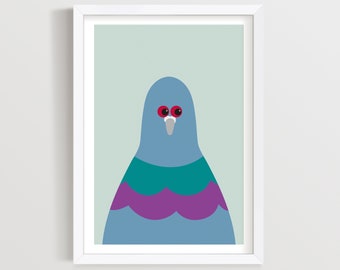 Funny Pigeon Art Print: Colourful Bird Nursery Decor, Wood Pigeon Poster.