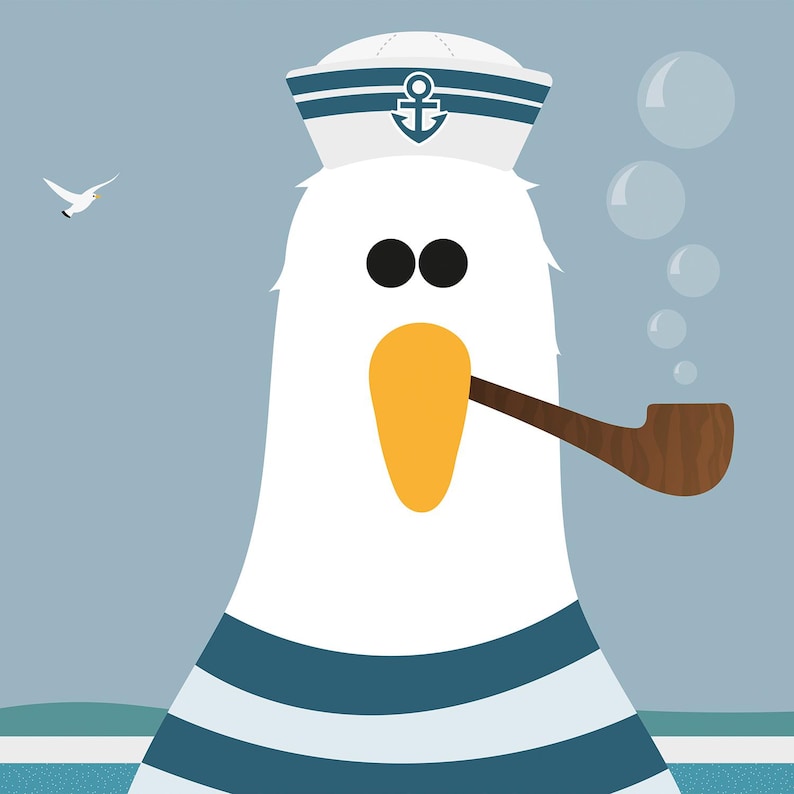 May include: A white cartoon seagull wearing a blue and white striped sailor shirt and a white sailor hat with an anchor. The seagull is smoking a pipe and blowing bubbles.