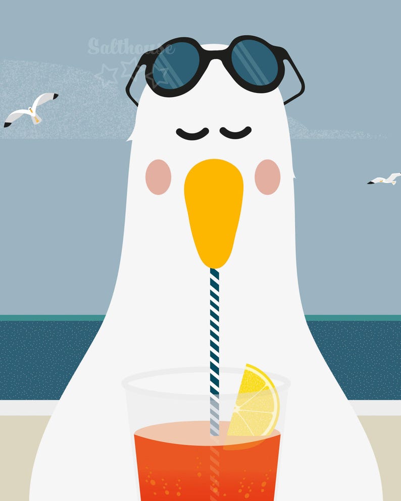 Sizzling Seagull Print, Seaside Prints, Seagull Wall Art, Seaside Decor, Seaside Art for Bathroom, Kids Seaside Bedroom image 10