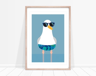 Shady Seagull Print, Seaside Nursery Print, Blue Seaside Decor for Bathroom, Coastal Bird Print, Seagull Decor, Coastal Wall Art, Ocean Bird