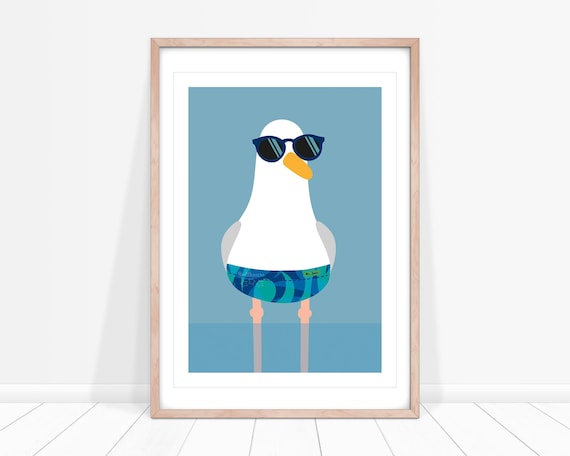 Shady Seagull Print, Seaside Nursery Print, Blue Seaside Decor for Bathroom, Coastal Bird Print, Seagull Decor, Coastal Wall Art, Ocean Bird