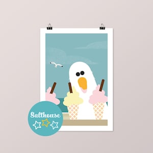 Puede incluir: Una gaviota de dibujos animados blanca con un cono de helado rosa y amarillo en cada mano. La gaviota mira al espectador con una expresi&oacute;n de sorpresa. El fondo es un cielo azul con nubes blancas. El texto "Salthouse" est&aacute; en un c&iacute;rculo en la parte inferior izquierda de la imagen.